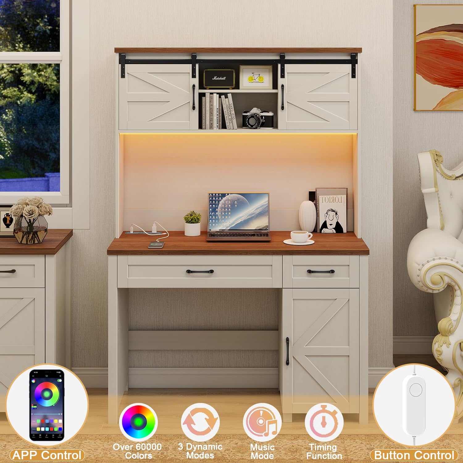 Vabches Farmhouse 47" Executive Desk, Computer Desk with 2 Drawers, LED Light and Storage Cabinet, Home Office Desk with Hutch, Charging Hub, Workstation for Home Office and Study(Unique White