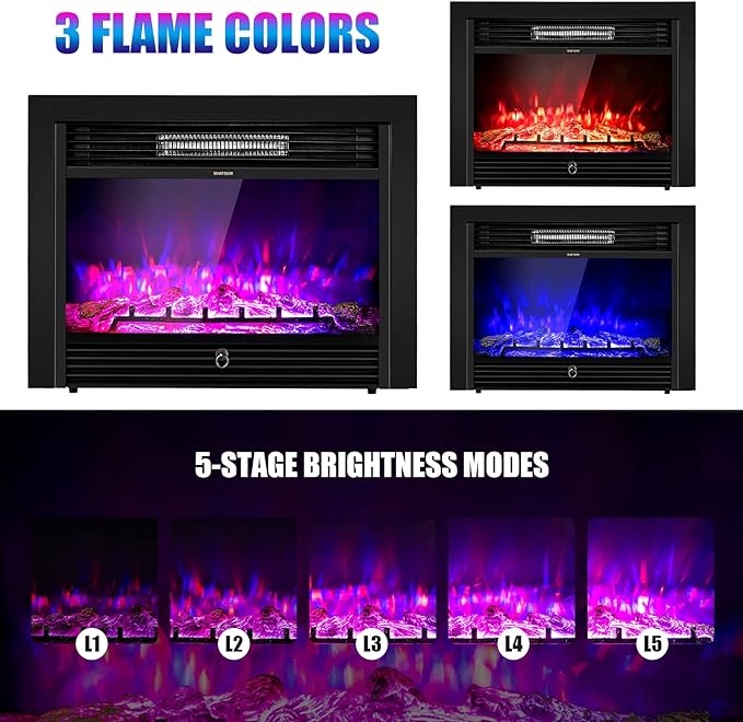 28.5-Inch Electric Fireplace Inserts, 750W/1500W Wall Recessed and Freestanding Fireplace with 3 Flame Colors, 5 Brightness Settings, 8H Timer, Remote Control, Heater for Indoor Use