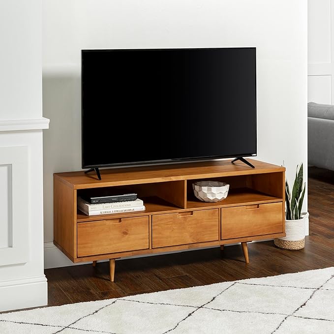 Walker Edison 3-Drawer Mid Century Modern Wood TV Stand for TV's up to 65" Flat Screen Cabinet Door Living Room Storage Entertainment Center, 58 Inch, Caramel