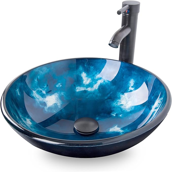 Artistic Vessel Sink Bathroom Tempered Glass Vanity Round Bowl with Oil Rubber Bronze Faucet and Pop up drain Combo, Ocean Blue