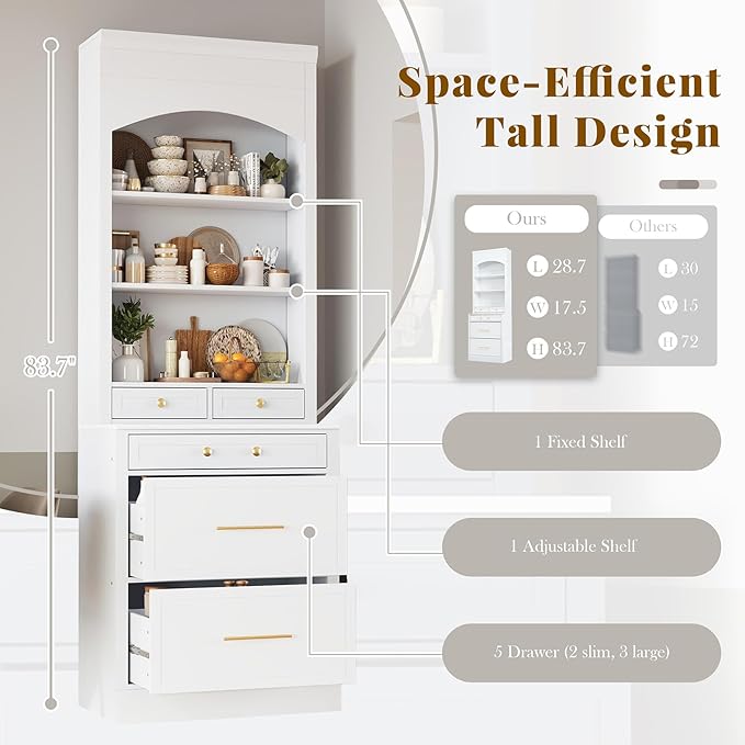 83.7inch Tall Farmhouse Kitchen Pantry Cabinet, Freestanding Kitchen Cabinet Hutch Cabinet with Faux Marble Top Display Cupboard Cabinet with 5 Storage Drawers and Adjustable Shelf, for Living Room