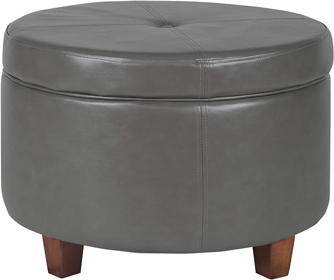 HomePop Round Leatherette Storage Ottoman with Lid, Charcoal Grey Large