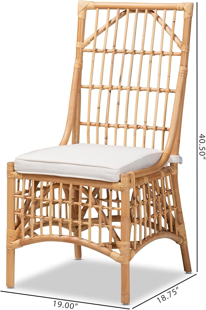 Baxton Studio Rose Dining Chair Dining Chair White Fabric Upholstered and Natural Brown Rattan Dining Chair