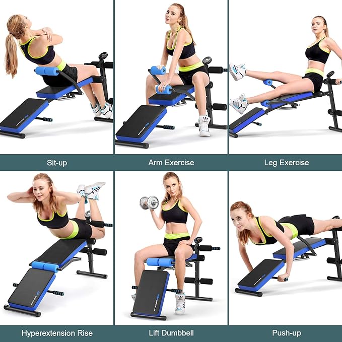Goplus 6 in 1 Adjustable Sit Up Bench, Foldable Utility Weight Bench w/LCD Monitor, Flat/Incline/Decline Exercise Multi-Purpose Bench for Home