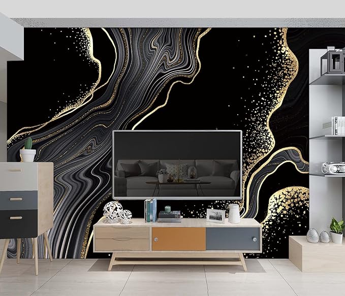 Black and Gold Marble Wallpaper Modern Bedroom Trendy Mens Room Decor murals Office Living Room tv Background Large Wall Mural - 183"x120" Not Peel and Stick