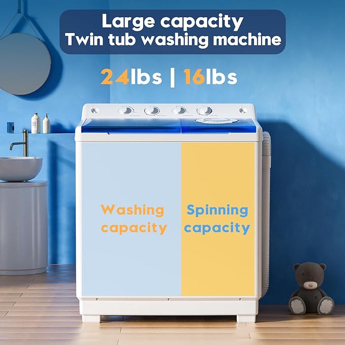 Portable Washing Machine, 40lbs Twin Tub Washer Mini Compact Laundry Machine with Drain Pump, Semi-automatic 24lbs Washer 16lbs Spinner Combo for Dorms, Apartments, RVs