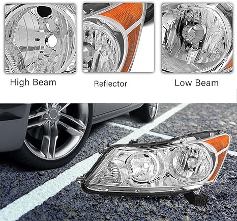 Headlights Assembly Set of 2 Replacement for 2008 2009 2010 2011 2012 Honda Accord 33100TA0A01 33150TA0A01 Chrome Housing Clear Lens