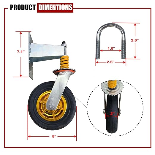 8" Gate Caster Wheels for Metal Swing Tube Gate Wooden Fence Gate, 360 Degree Swivel Spring-Loaded, 600 Lbs Capacity, 2 Pack