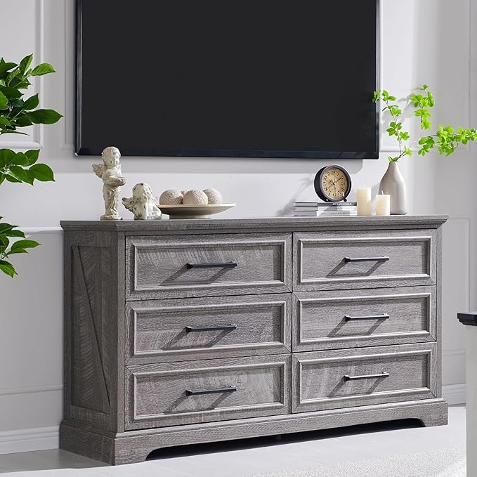 JXQTLINGMU Farmhouse 6 Drawers Dresser for Bedroom, 52'' Wide Large Wood Dressers with Bar Handles, Chests of Drawers with Storage Dressers Organizer for Bedroom, Hallway, Grey