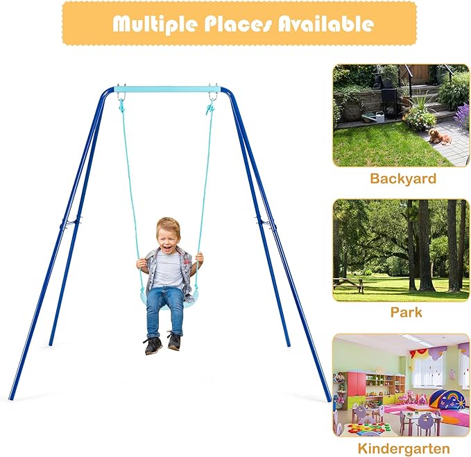 Swing Frame Stand with Swing Seat, A-Frame Swing Sets for Backyard All Weather w/Ground Stakes, Non-Slip Seat, Toddler Swing Set Great for Indoor Outdoor Garden Playground (Blue)