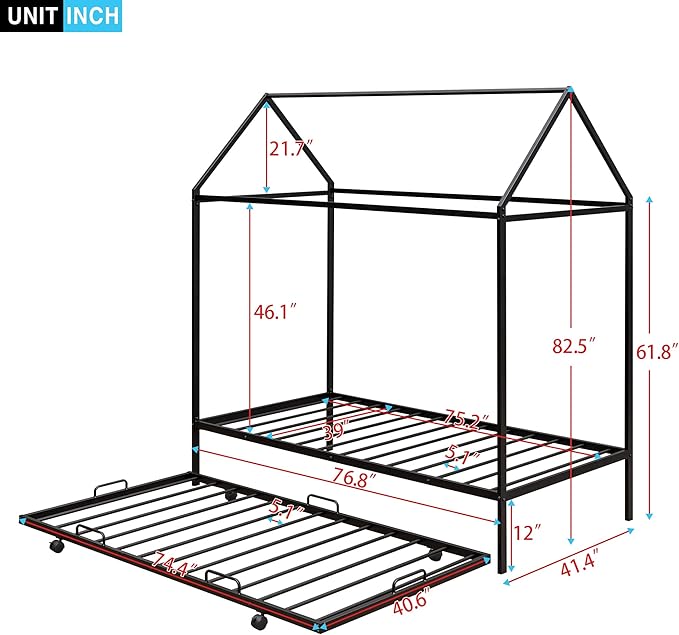 Twin Size Metal House Bed with Trundle, Montessori Platform Bed Frame for Kids Toddlers