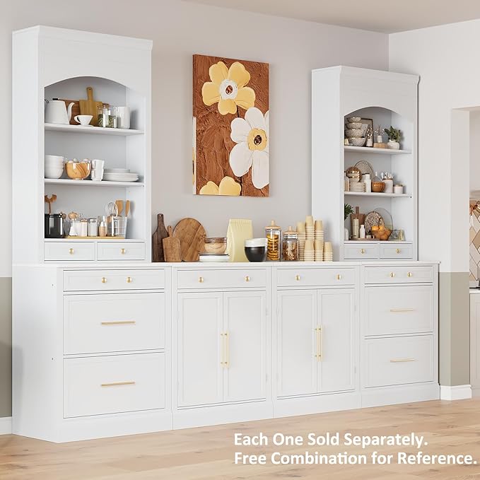 83.7inch Tall Farmhouse Kitchen Pantry Cabinet, Freestanding Kitchen Cabinet Hutch Cabinet with Faux Marble Top Display Cupboard Cabinet with 5 Storage Drawers and Adjustable Shelf, for Living Room