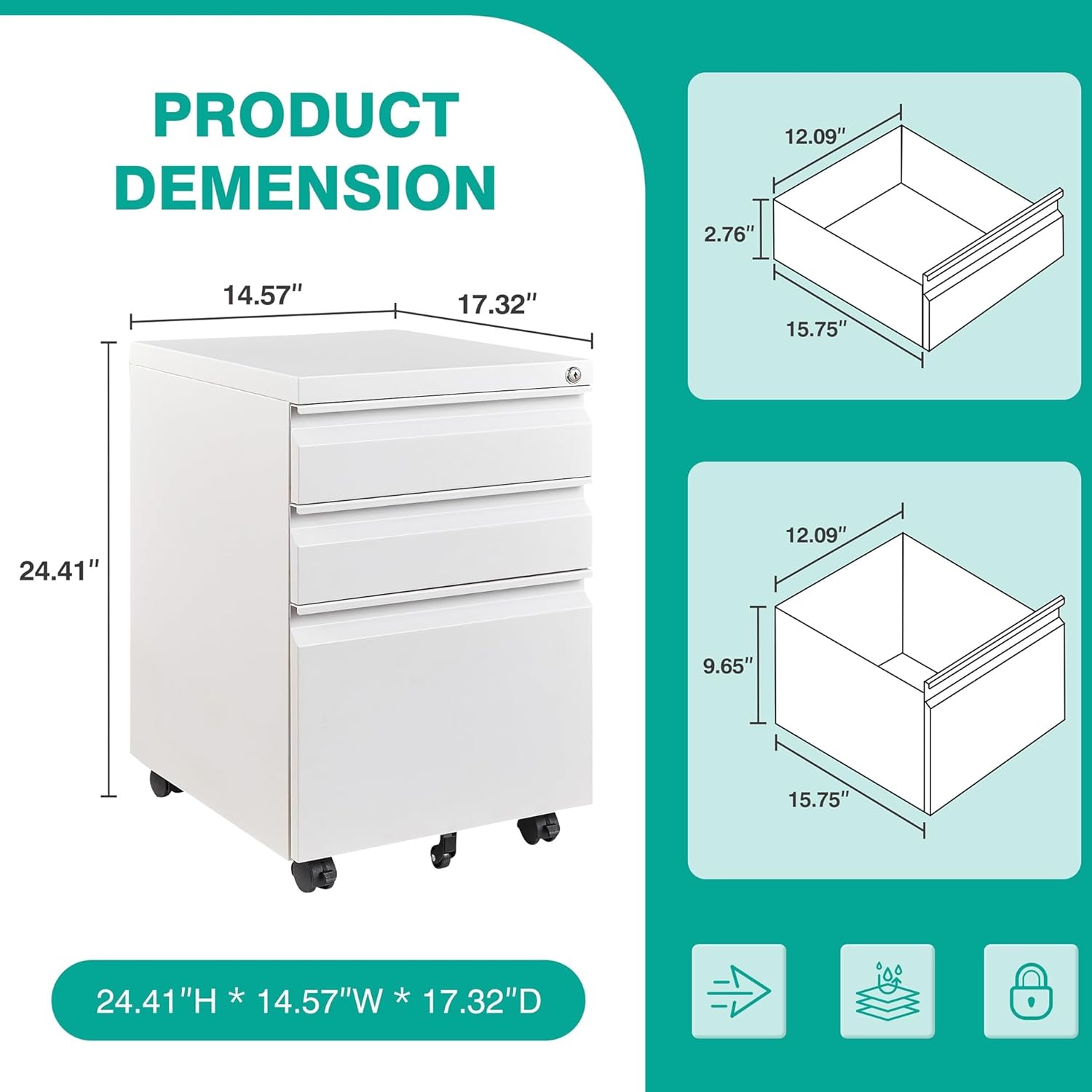 Assembled 3 Drawer File Cabinet with Wheels,Under Desk File Cabinet with Lock,White Rolling Filing Cabinets, Metal Filing Cabinets for Home Office,Fit A4/Letter/Legal,Pre-Assembled Except Caster