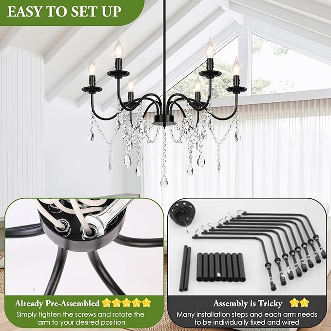 26" Black Chandelier, 6-Light Farmhouse Crystal Chandelier for Bedroom, Unique Patents Dining Room Light Fixture Over Table, Industrial Candle Hanging Pendant Light for Kitchen, Living Room, Entryway