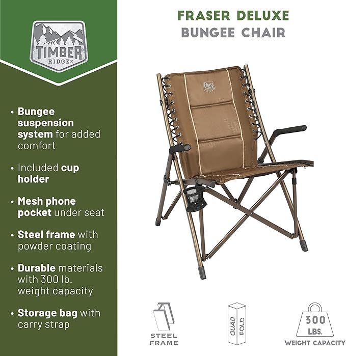 TIMBER RIDGE Bungee Folding Camping Chairs for Adults, Heavy Duty Collapsible Padded Chair with Armrests Cup Holder, Foldable Outdoor Lounge Chairs for Fishing, Lawn, Supports 300 lbs, Earth Brown