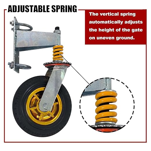 8" Gate Caster Wheels for Metal Swing Tube Gate Wooden Fence Gate, 360 Degree Swivel Spring-Loaded, 600 Lbs Capacity, 2 Pack