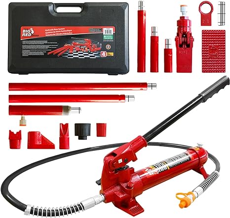 4 Ton Porta Power Kit, 17-Pcs Hydraulic Ram Auto Body Frame Repair Kit With Blow Mold Carrying Storage Case, 8000 Lbs Capacity,Red, T70401S Torin