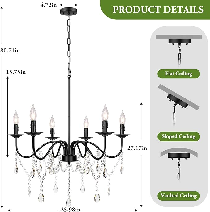 26" Black Chandelier, 6-Light Farmhouse Crystal Chandelier for Bedroom, Unique Patents Dining Room Light Fixture Over Table, Industrial Candle Hanging Pendant Light for Kitchen, Living Room, Entryway