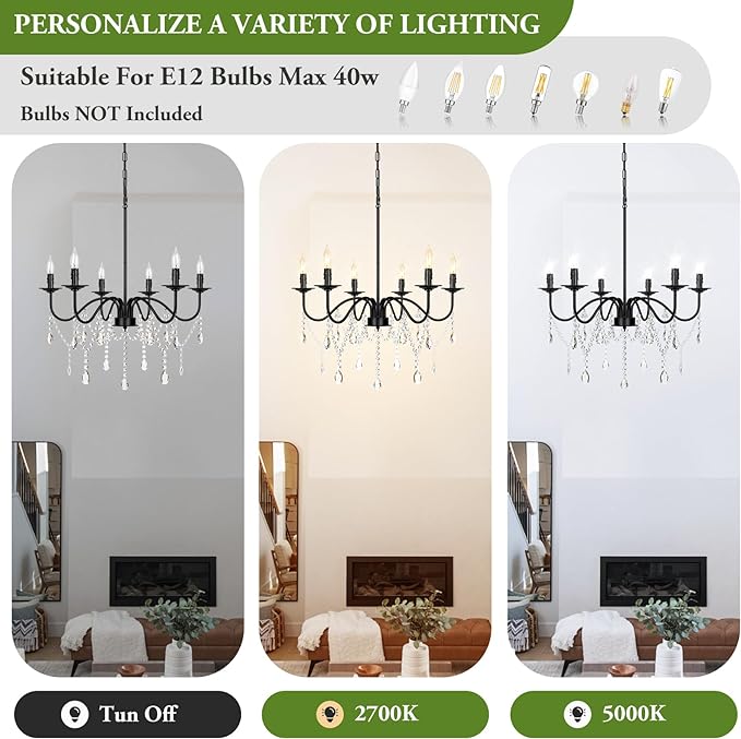 26" Black Chandelier, 6-Light Farmhouse Crystal Chandelier for Bedroom, Unique Patents Dining Room Light Fixture Over Table, Industrial Candle Hanging Pendant Light for Kitchen, Living Room, Entryway