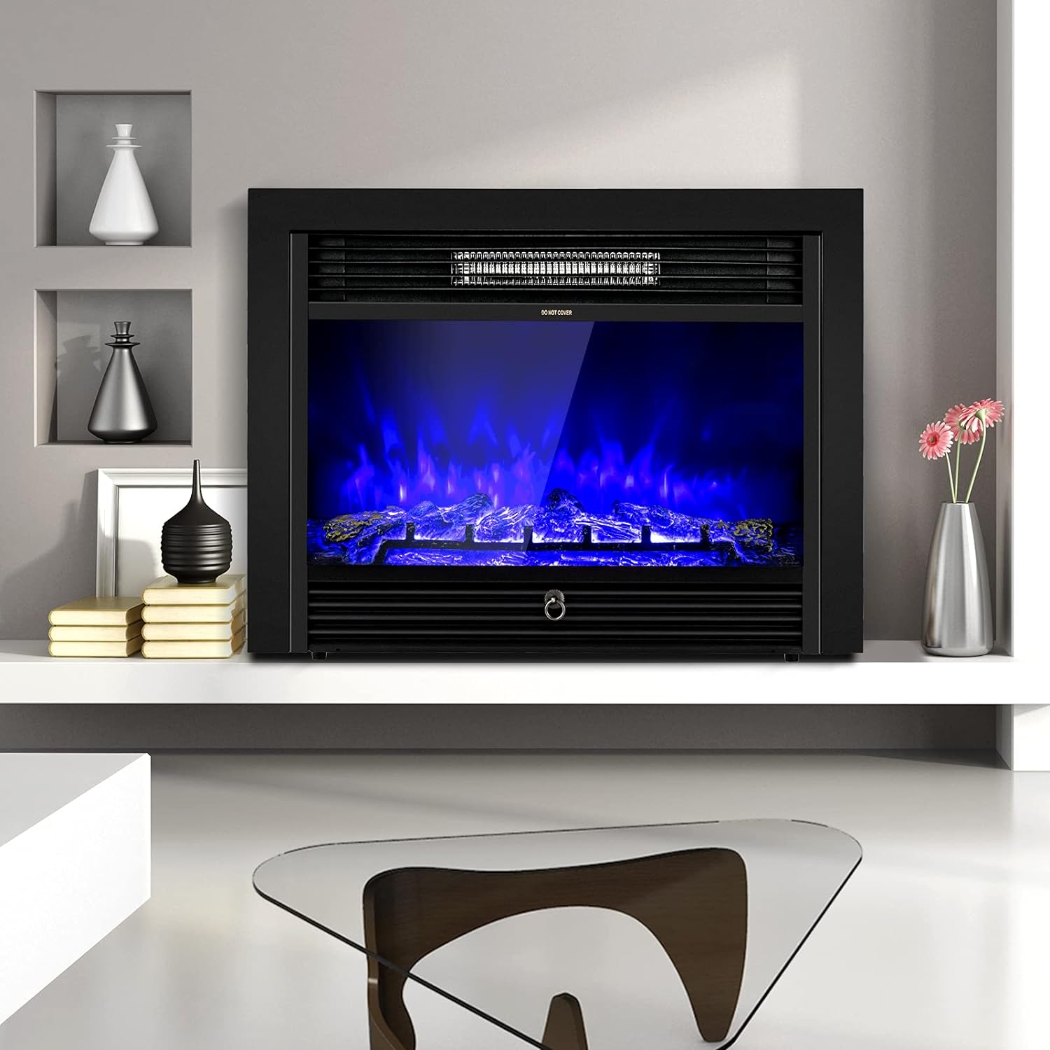 COSTWAY 28.5-Inch Electric Fireplace Inserts, 750W/1500W Wall Recessed and Freestanding Fireplace with 3 Flame Colors, 5 Brightness Settings, 8H Timer, Remote Control, Heater for Indoor Use