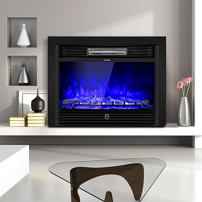 28.5-Inch Electric Fireplace Inserts, 750W/1500W Wall Recessed and Freestanding Fireplace with 3 Flame Colors, 5 Brightness Settings, 8H Timer, Remote Control, Heater for Indoor Use