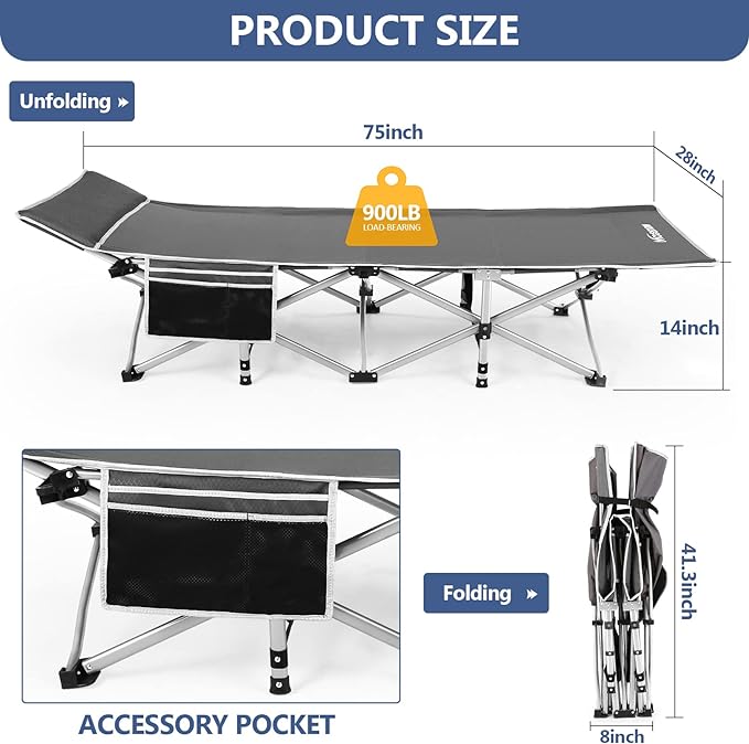 Nictemaw Folding Camping Cot, Portable Camping Cot for Adults, for Outdoor Home Office-Grey