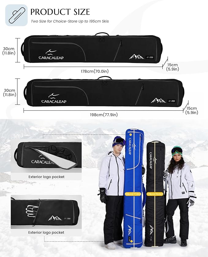 Ski Snowboard Bag Fully Padded for Air Travel 2 pair, Double Snowboard Bag Water-Resistant Padded with 10mm Foam, Snow Ski Travel Bag Large Capacity for Ski Gear,Pole Fit 2 Set Skis Up to 195cm