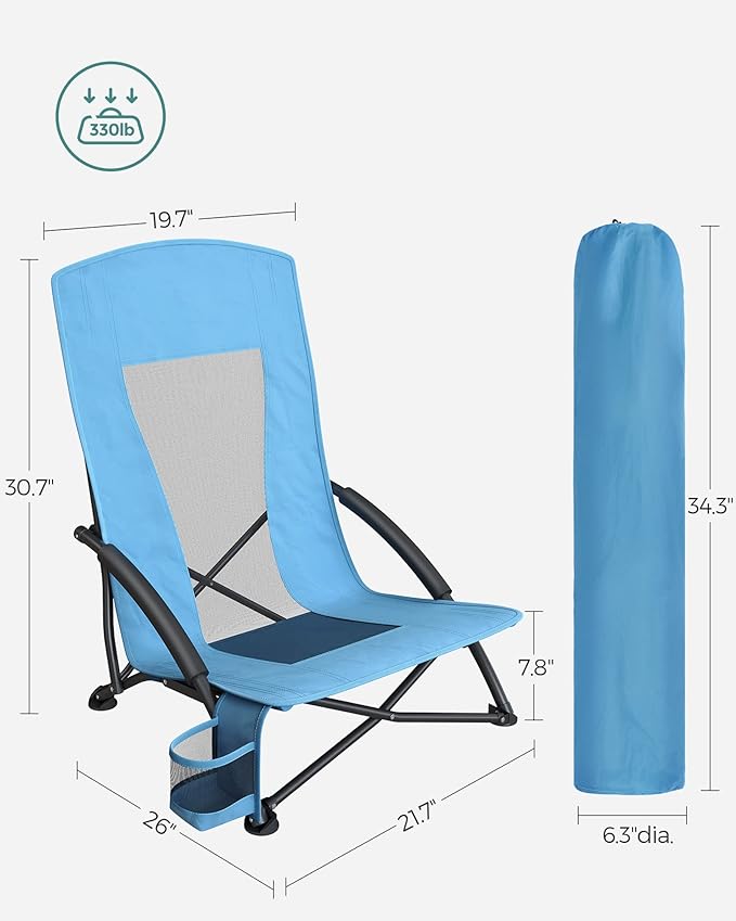 Portable Beach Chair, with High Backrest, Cup Holder, Foldable, Lightweight, Comfortable, Heavy Duty, Outdoor Chair