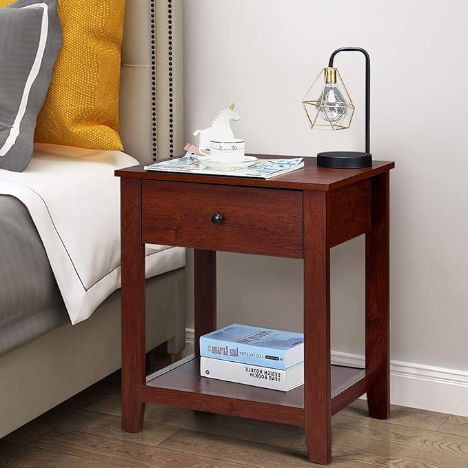 Giantex Nightstand, Wooden 2-Tier End Table with Drawer and Storage Shelf, Versatile Bedside Tables, Modern Side Table for Bedroom, Living Room, Small Spaces, Easy Assembly, Walnut