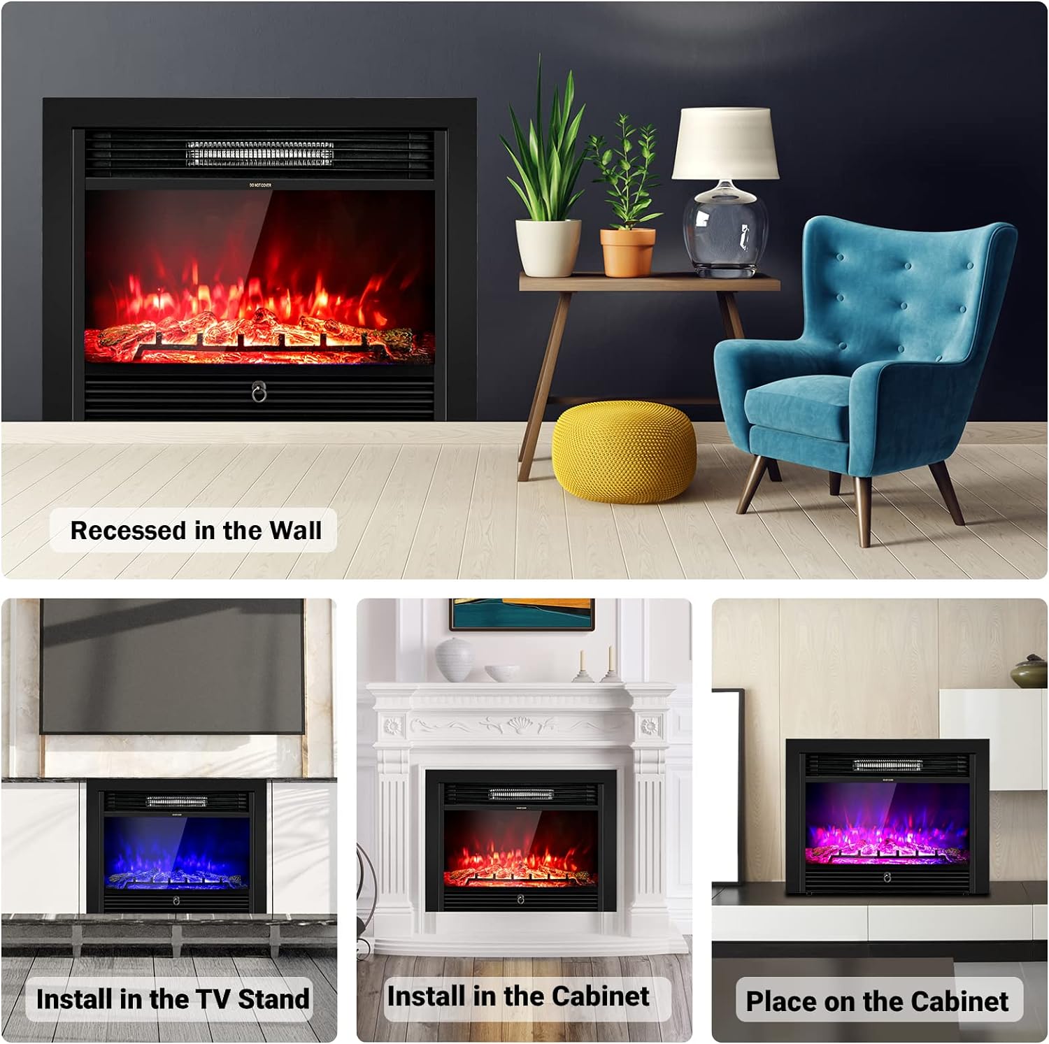 COSTWAY 28.5-Inch Electric Fireplace Inserts, 750W/1500W Wall Recessed and Freestanding Fireplace with 3 Flame Colors, 5 Brightness Settings, 8H Timer, Remote Control, Heater for Indoor Use