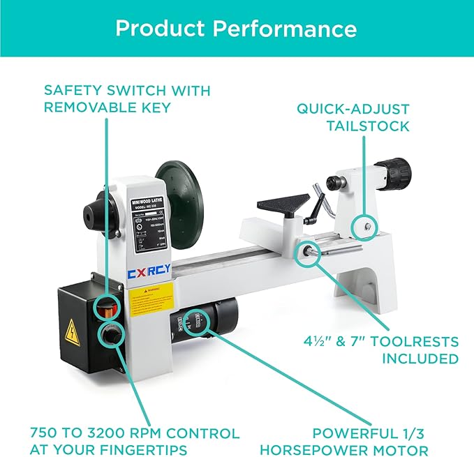 CXRCY 8" x 12" Wood Lathe, Mini Benchtop Wood Lathe Machine1/3 HP Infinitely Variable Speed 750-3200 RPM with Goggle for Woodworking, Woodturning