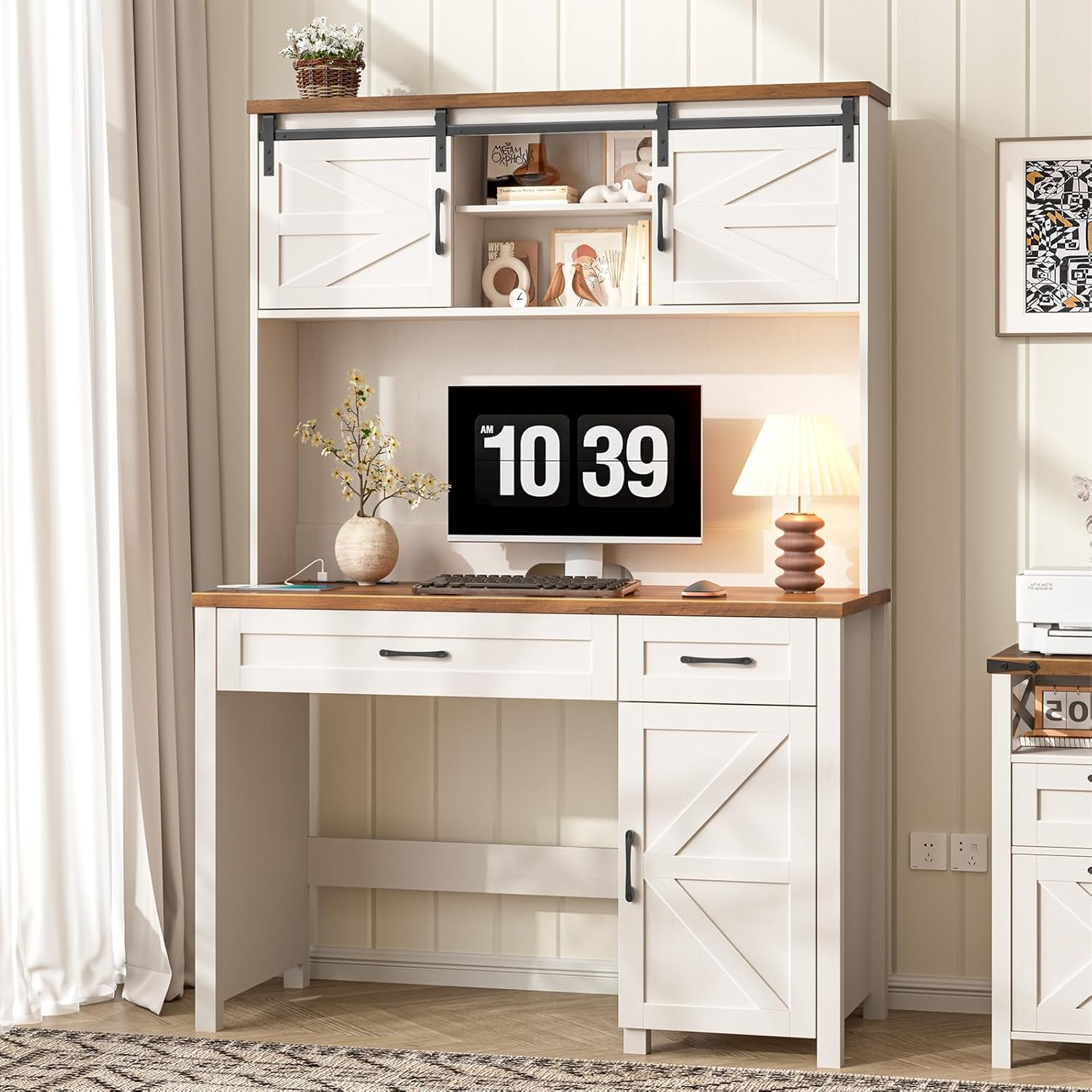 Vabches Farmhouse 47" Executive Desk, Computer Desk with 2 Drawers, LED Light and Storage Cabinet, Home Office Desk with Hutch, Charging Hub, Workstation for Home Office and Study(Unique White