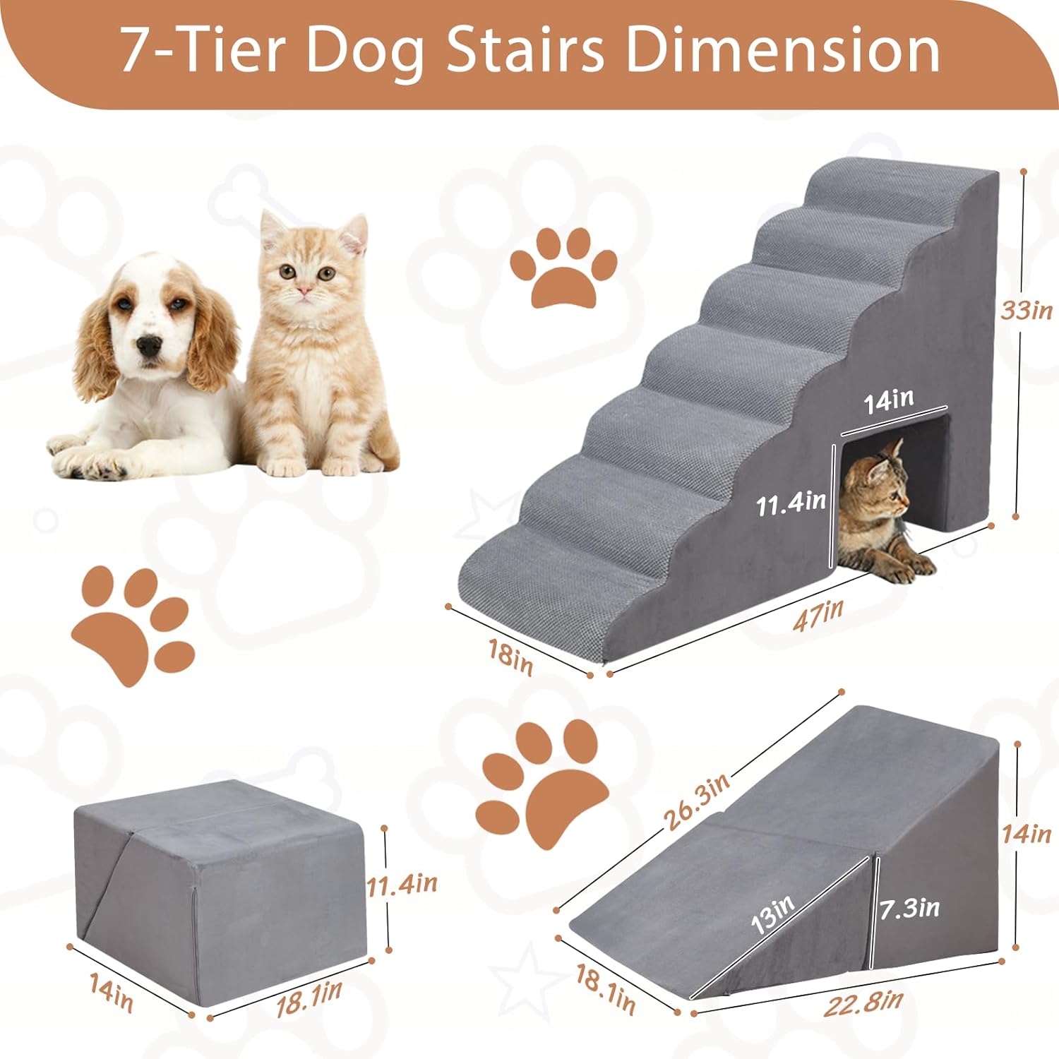 A.FATI 33 inches Dog Steps for High Bed 7 Tier Dog Stairs Steps for S