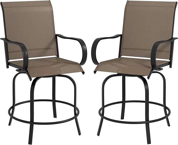 Outsunny Outdoor Bar Stools with Armrests, Set of 2 360° Swivel Bar Height Patio Chairs with High-Density Mesh Fabric, Steel Frame Dining Chairs for Balcony, Poolside, Backyard, Brown