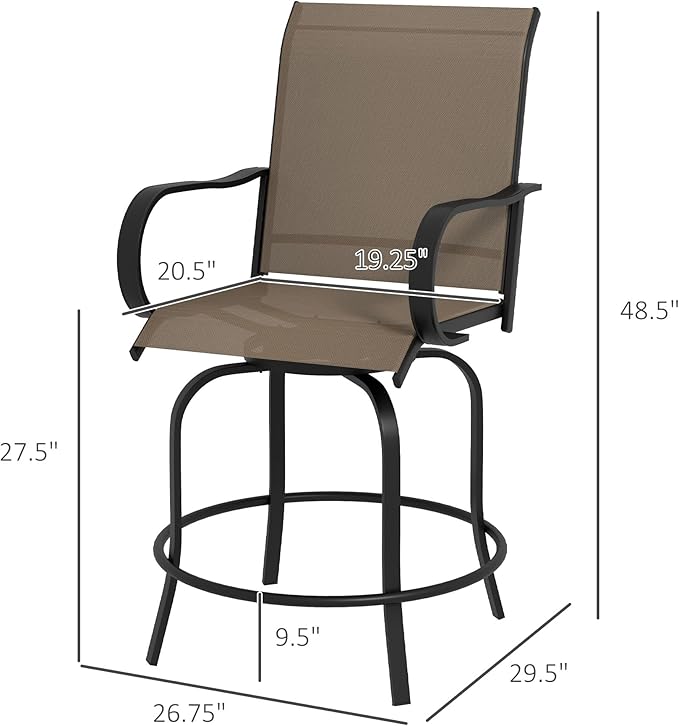 Outsunny Outdoor Bar Stools with Armrests, Set of 2 360° Swivel Bar Height Patio Chairs with High-Density Mesh Fabric, Steel Frame Dining Chairs for Balcony, Poolside, Backyard, Brown