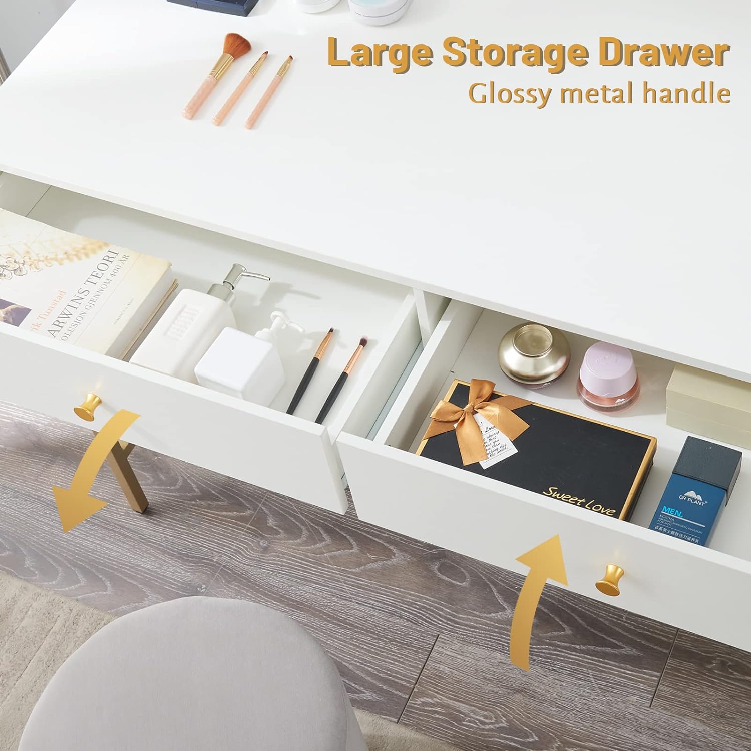 SUPERJARE Vanity Desk with Drawers, 47 inch Computer Desk, Modern Simple Home Office Desks, Makeup Dressing Table for Bedroom - White and Gold