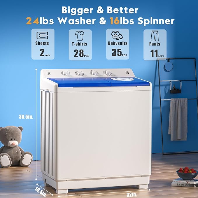 Portable Washing Machine, 40lbs Twin Tub Washer Mini Compact Laundry Machine with Drain Pump, Semi-automatic 24lbs Washer 16lbs Spinner Combo for Dorms, Apartments, RVs