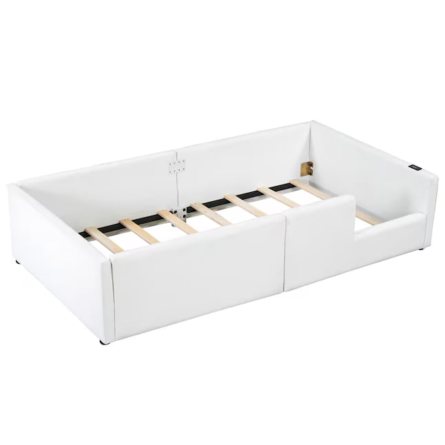 ModernLuxe Twin Size Upholstered Platform Bed with Guardrail and Charging Station White