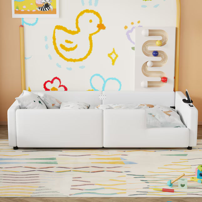 ModernLuxe Twin Size Upholstered Platform Bed with Guardrail and Charging Station White