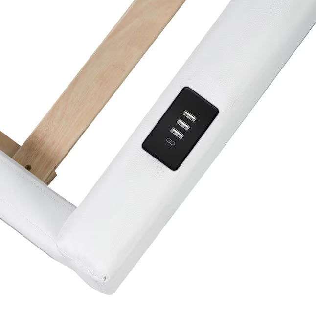 ModernLuxe Twin Size Upholstered Platform Bed with Guardrail and Charging Station White