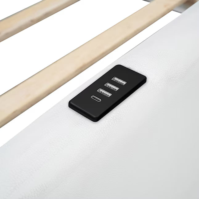 ModernLuxe Twin Size Upholstered Platform Bed with Guardrail and Charging Station White