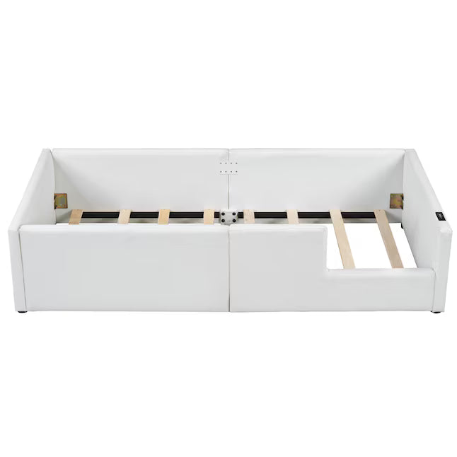 ModernLuxe Twin Size Upholstered Platform Bed with Guardrail and Charging Station White