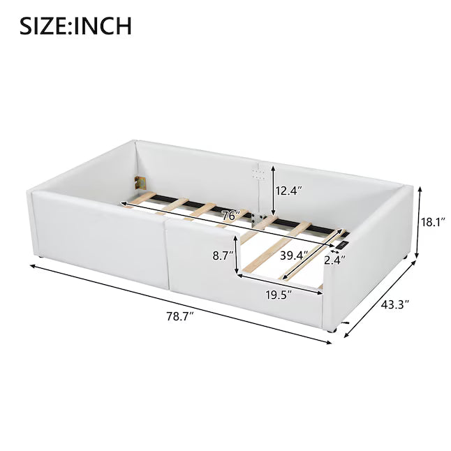 ModernLuxe Twin Size Upholstered Platform Bed with Guardrail and Charging Station White