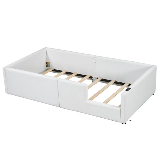 ModernLuxe Twin Size Upholstered Platform Bed with Guardrail and Charging Station White