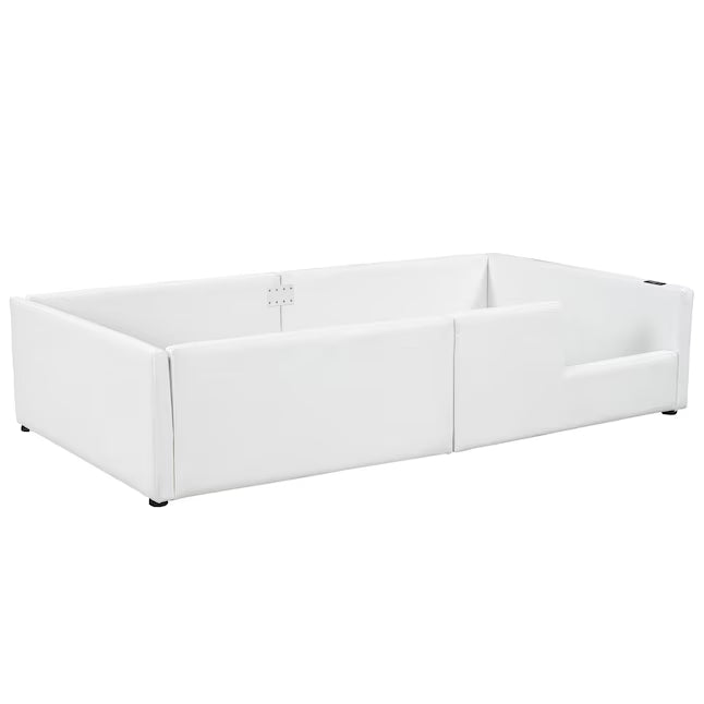 ModernLuxe Twin Size Upholstered Platform Bed with Guardrail and Charging Station White