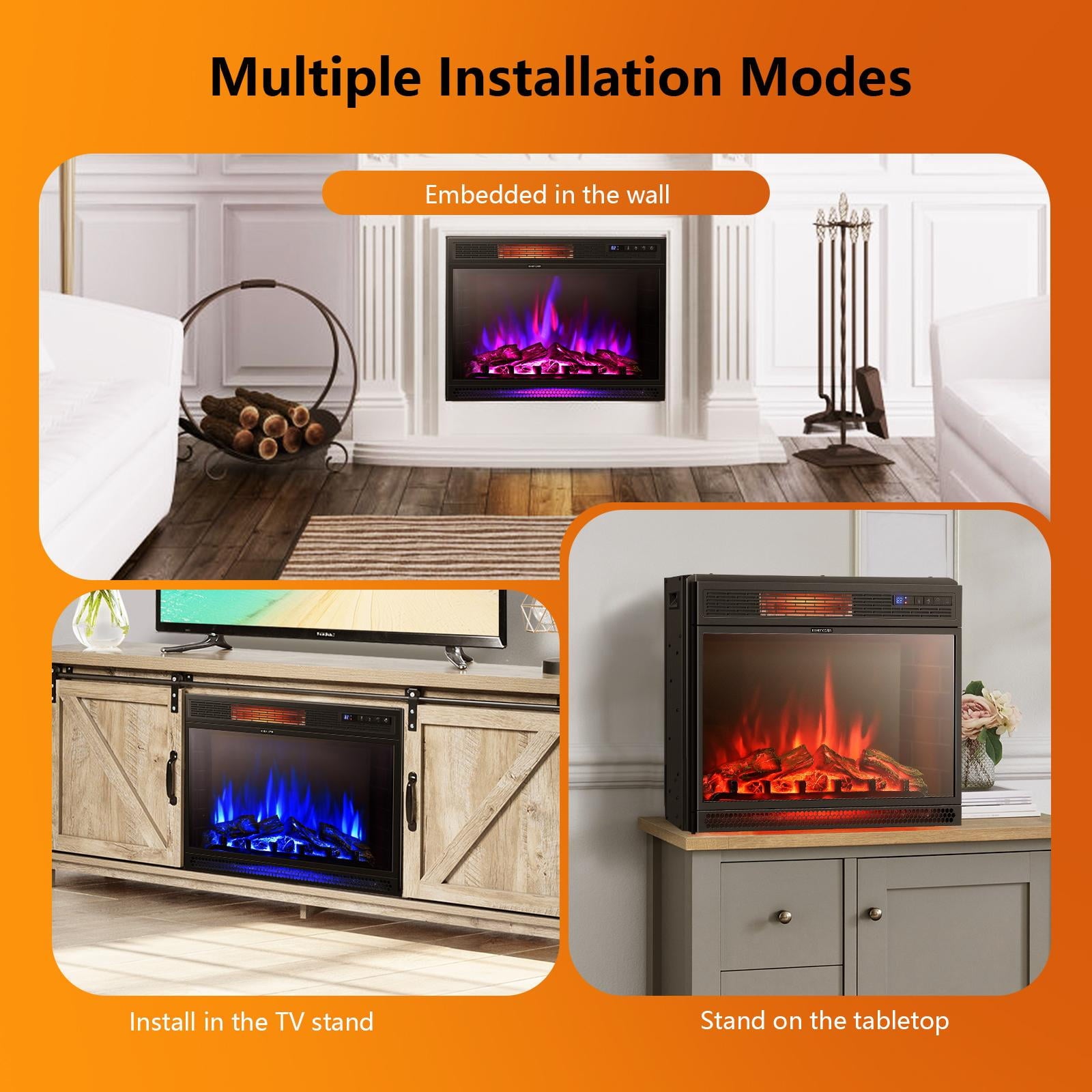 28" Recessed Electric Fireplace,1350W Freestanding Fireplace Stove Heater W/ 3 Flame Colors, 4 Brightness, Adjustable Temperature,Timing Function, Remote Control