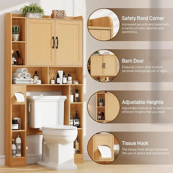Vabches Rattan Over-The-Toilet Storage Cabinet with Toilet Paper Holder Above Toilet Organizer with Rattan Doors, Toilet Shelf for Restroom, Bathroom, Laundry