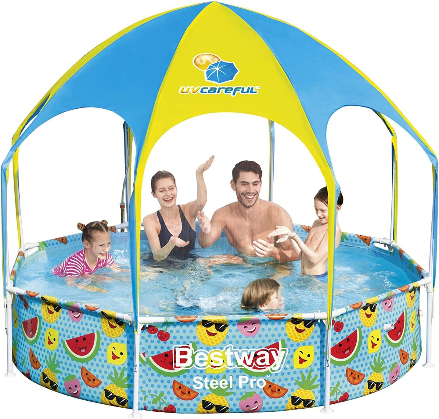 H2OGO! Kids Splash-in-Shade 8-Foot Round Steel Frame Above Ground Pool with Water Mister and Canopy Sunshade, Green Tropical Leaf Print