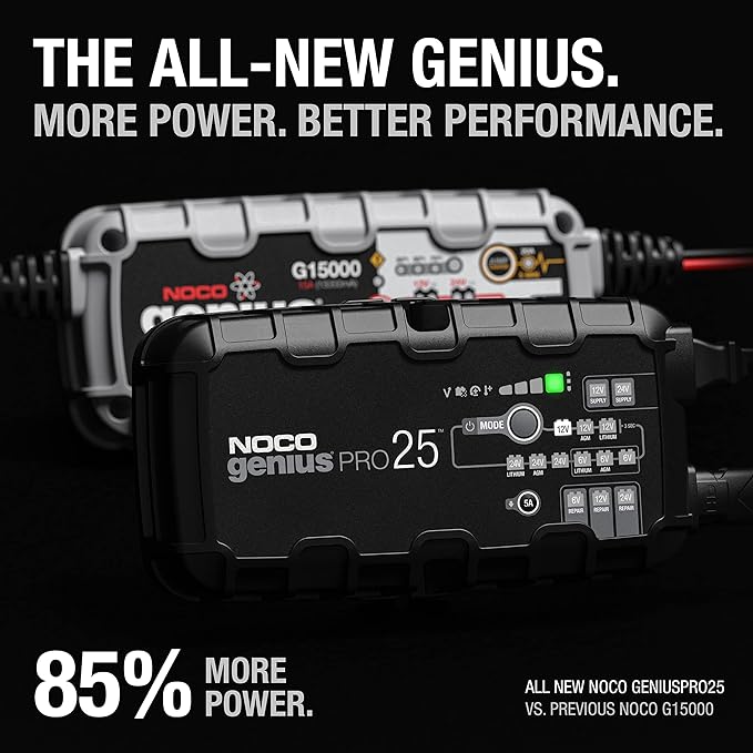 NOCO GENIUSPRO25, 25A Smart Car Battery Charger, 6V, 12V and 24V Portable Automotive Charger, Battery Maintainer, Trickle Charger and Desulfator for AGM, Lithium, Marine, Boat and Deep Cycle Batteries
