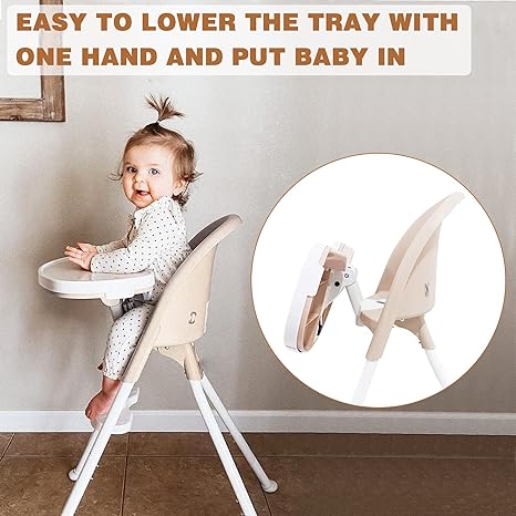 3-in-1 Cute Folding High Chair, Perfect Modern Space Saving Highchair with Detachable Double Tray, 3-Point Harness, Cream Color
